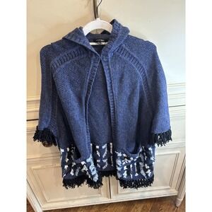 Nanette Lepore Blue Aztec Boho Tribal Cardigan Cape Fringe XS/S Hooded Cotton‎